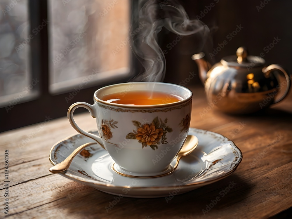 Obraz premium a cup of warm tea in the morning