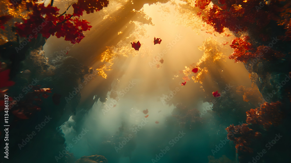 Sunbeams illuminate falling autumn leaves in a mystical underwater forest. Sunbeams illuminate falling autumn leaves in a mystical underwater forest.