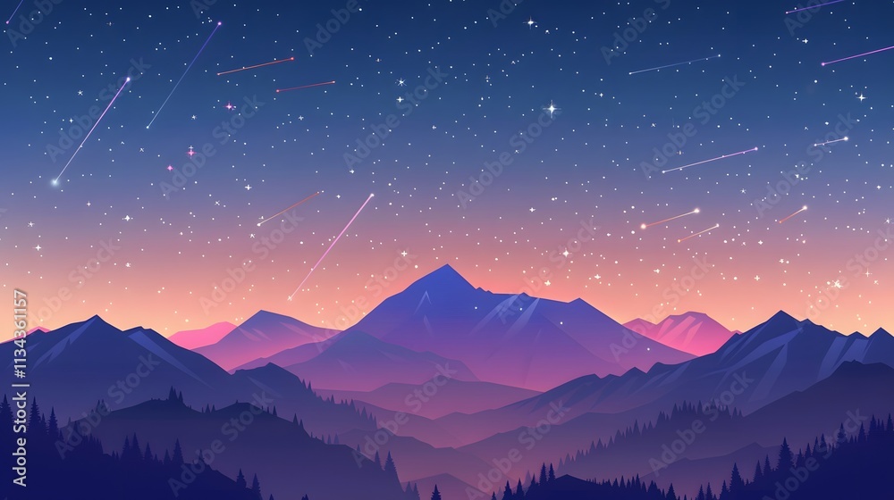 Silhouette of mountains with starry night sky and shooting stars. Silhouette of mountains with starry night sky and shooting stars.