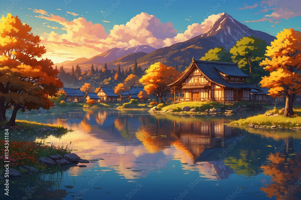 Fototapeta premium Small village by a calm lake, glowing sunset, traditional houses, golden trees, and vibrant gardens, in anime style