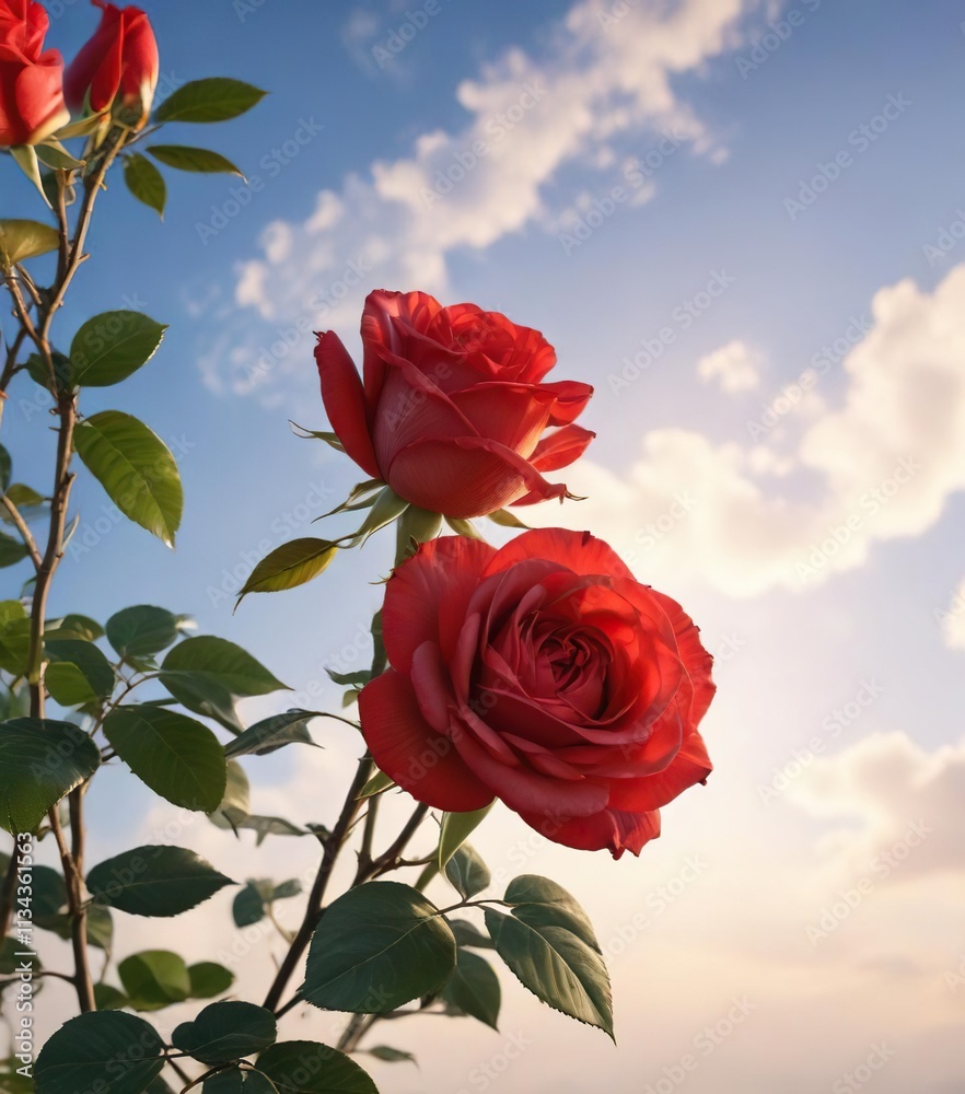 red rose in full bloom against a bright morning sky, warmth, morning, petals red rose in full bloom against a bright morning sky, warmth, morning, petals