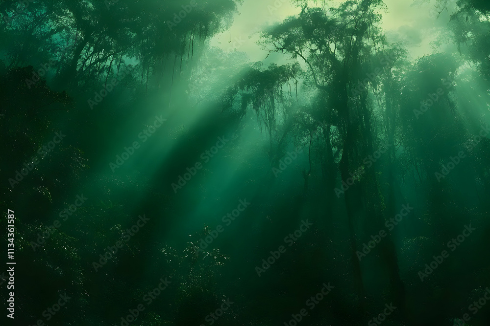 Sunbeams pierce through a dense, mysterious, green forest, creating an ethereal atmosphere. Sunbeams pierce through a dense, mysterious, green forest, creating an ethereal atmosphere.
