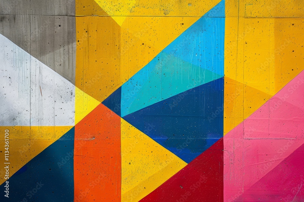 Naklejka premium Vibrant geometric shapes in bold colors cover a concrete wall, showcasing the creativity of urban artists and brightening the surroundings in daylight.