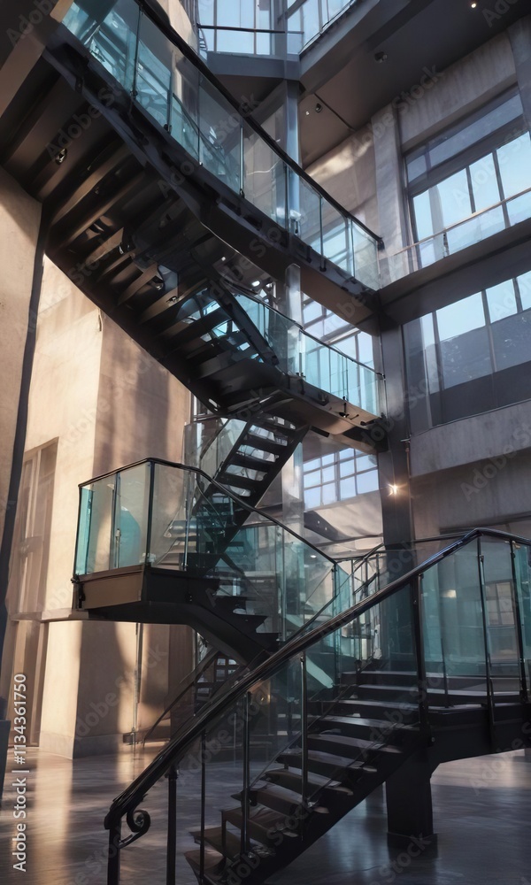 Fototapeta premium Tall glass tower with a spacious stairwell and elegant railings, modern interior, modern architecture, steel beams