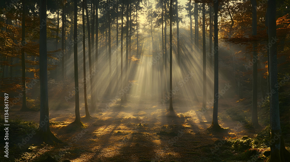 Fototapeta premium Sunbeams pierce through misty autumn forest.