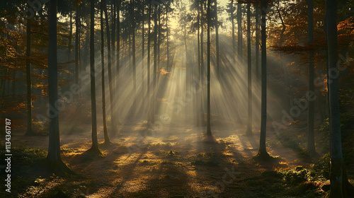 Wallpaper Mural Sunbeams pierce through misty autumn forest. Torontodigital.ca