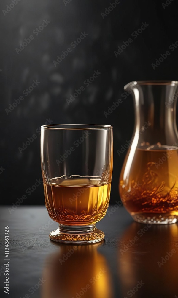 Warm golden amber glassware on dark background, antique, golden liquid, dark background Warm golden amber glassware on dark background, antique, golden liquid, dark background