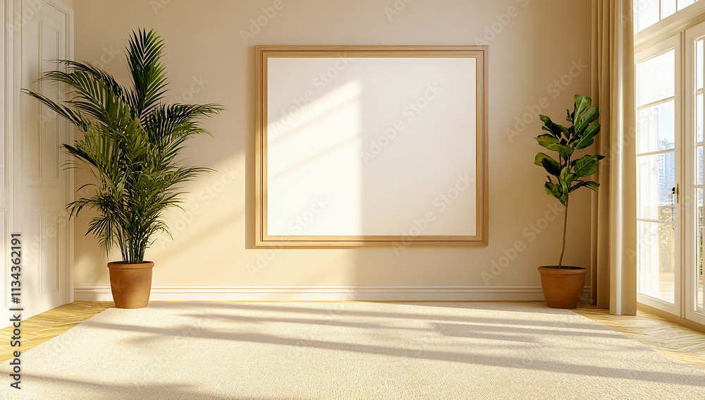 Photo of a Large Blank Frame on the Wall with an Empty White Canvas Inside and Wooden Edges Photo of a Large Blank Frame on the Wall with an Empty White Canvas Inside and Wooden Edges