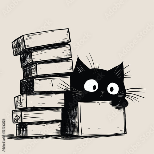 Cartoon cat peeking out from a cardboard box.