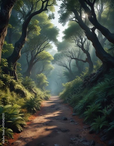 A narrow, winding road disappears into the darkness of a dense, primeval forest , dark, abandoned, winding road