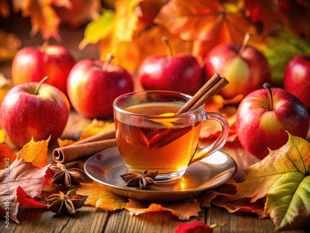 Warm autumn glow illuminates a steaming apple cider tea, capturing fall's cozy essence. Warm autumn glow illuminates a steaming apple cider tea, capturing fall's cozy essence.
