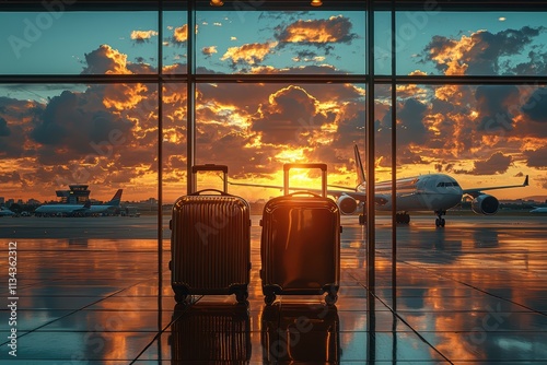 Chic travel essentials stylish metallic luggage pair at airport sunset capturing high fidelity travel vibes photo