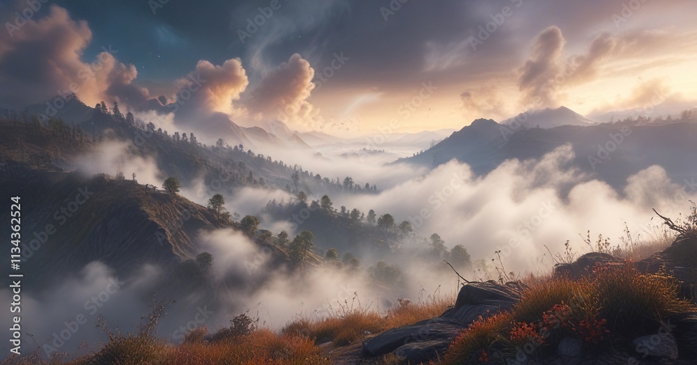 Naklejka premium Dense fog swirls around a misty landscape, with tendrils of smoke wafting through the air, smoke, hazy, surreal
