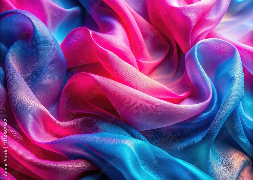 Obraz premium Pink and blue fabric swirls in a seamless, wavy textile pattern. Digital art creates a double-exposure effect with abstract folds and curves.