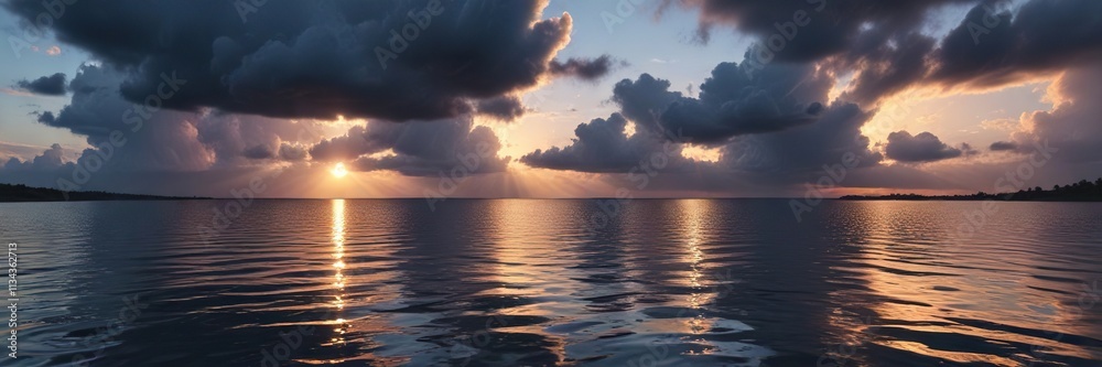 Fototapeta premium Rain clouds cast long shadows across the water as day fades to night, sky, blue, horizon