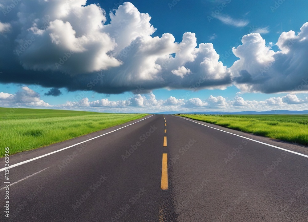 Asphalt road with green grass field in the background and a blue sky with white clouds, peaceful countryside , green grass field, asphalt road Asphalt road with green grass field in the background and a blue sky with white clouds, peaceful countryside , green grass field, asphalt road