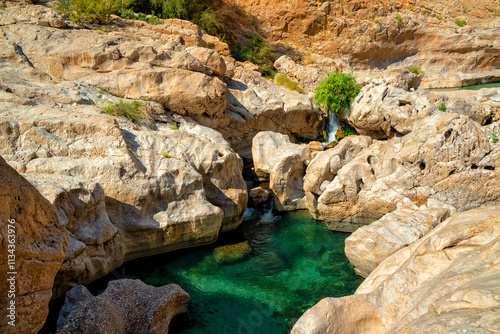 Oman. Oasis Wadi Bani Khalid. Lagoon with fresh emerald water and beautiful rocks
