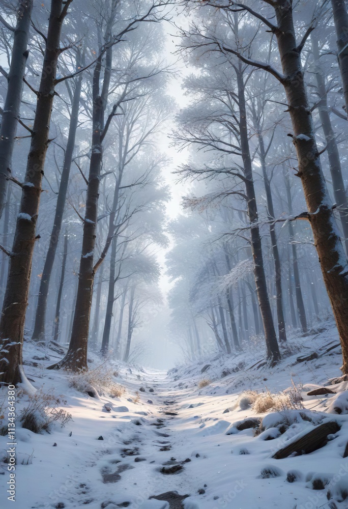 Naklejka premium Snowy forest with frosty trees and sparkling snowflakes, ice crystals, sparkling snowflakes, frosty trees