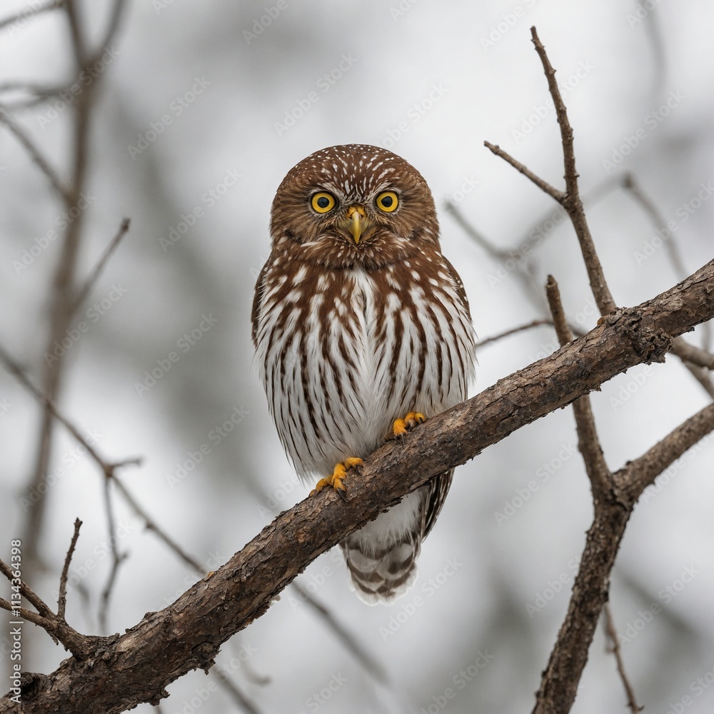 A pygmy owl perched confidently on a branch, displaying its tiny yet fierce demeanor, white background. A pygmy owl perched confidently on a branch, displaying its tiny yet fierce demeanor, white background.