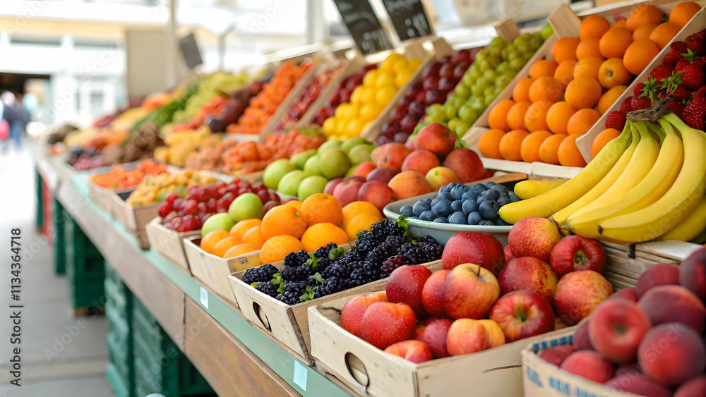 Vibrant Fresh Fruits Display at Market Stall Showcasing Food Security and Abundance with Ample Copy Space Vibrant Fresh Fruits Display at Market Stall Showcasing Food Security and Abundance with Ample Copy Space