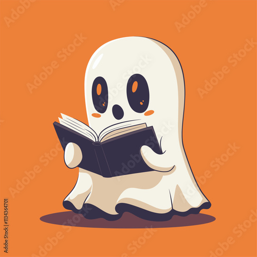 Cute ghost reading a book on an orange background.