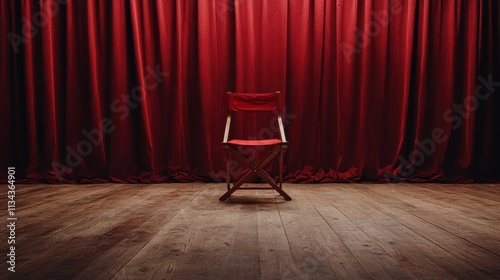 A single folding chair is spotlighted center stage, placed in front of closed red theater drapes, evoking themes of expectation, mystery, and performance art. photo