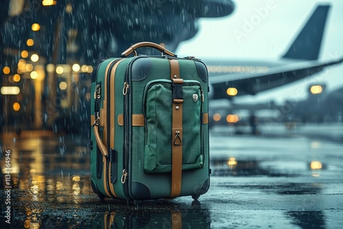 Stylish travel essentials forest green luggage at rainy airport high fidelity urban atmosphere trendy fashion statement photo