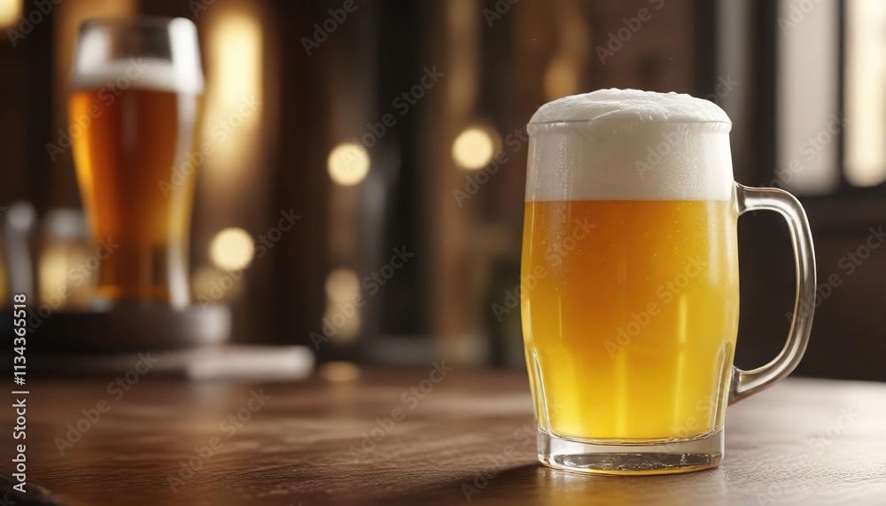 Close-up of a glass mug filled with golden yellow beer, frothy white foam on top, refreshing alcoholic beverage, tavern, brewpub, drink Close-up of a glass mug filled with golden yellow beer, frothy white foam on top, refreshing alcoholic beverage, tavern, brewpub, drink