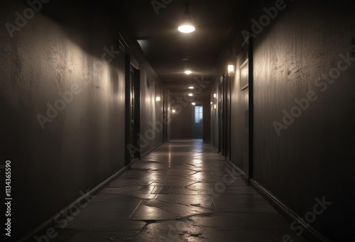 Single bulb illuminating a long and narrow dark hallway, darkness, solitude, isolation