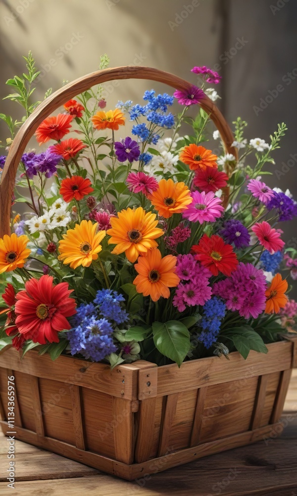 A combination of colorful flowers and branches in a wooden basket , nature, branches, wooden