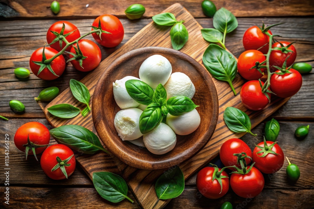 Overhead shot: A vibrant mozzarella, tomato, and basil pizza, ready to be devoured. Overhead shot: A vibrant mozzarella, tomato, and basil pizza, ready to be devoured.