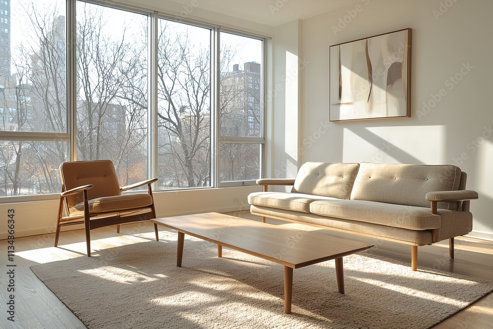 Fototapeta premium Bright living room with windows. Scandinavian interior design with sofa and cafe table. Generative AI 