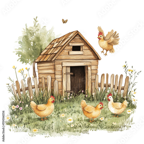 Charming Watercolor Painting of a Rustic Chicken Coop photo