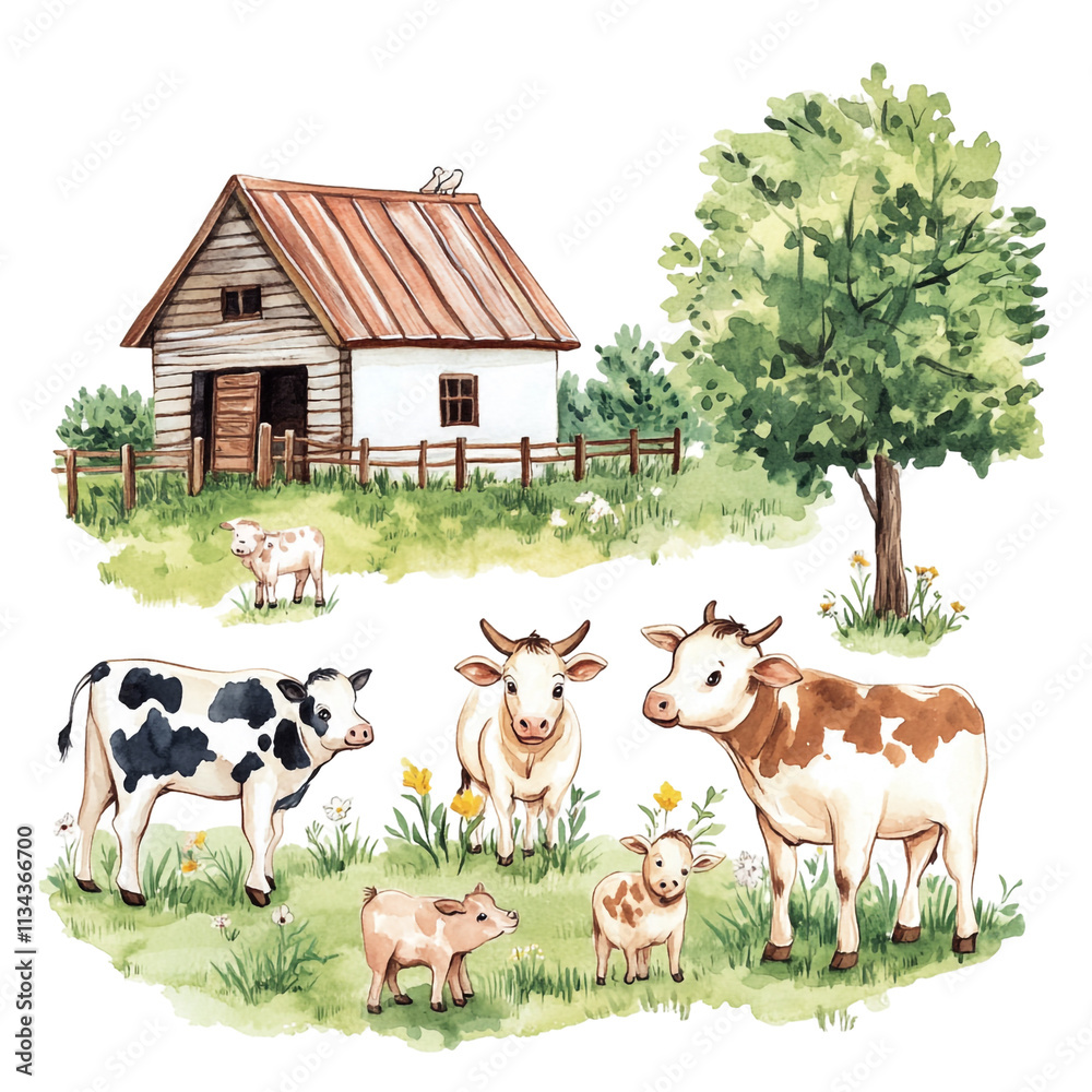 Charming Farm Scene: Cows, Calves, and Barn in a Lush Meadow Charming Farm Scene: Cows, Calves, and Barn in a Lush Meadow