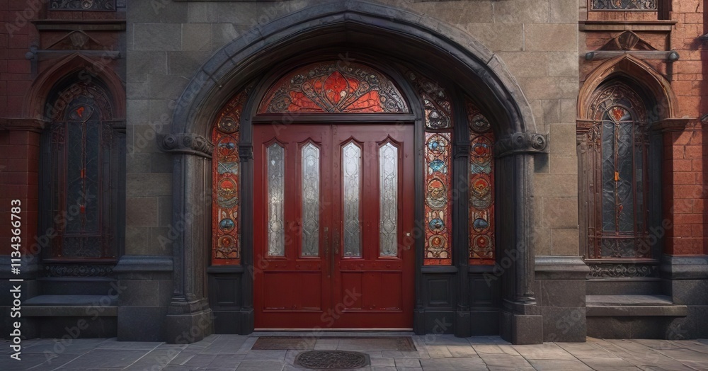 Obraz premium Dark red stone doorway with ornate metalwork and stained glass window above, historic architecture, mystical