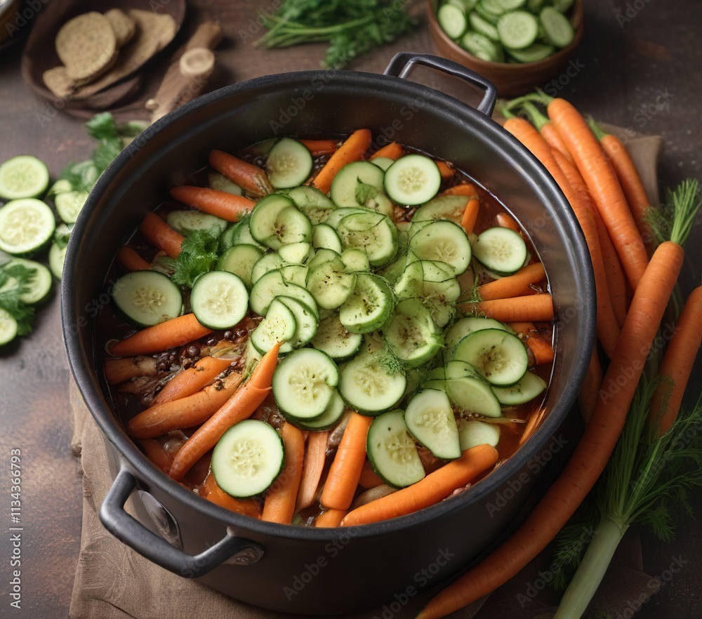 Steaming hot pickling pot with aromatic spices and sliced cucumbers and carrots , steam, acar bumbu kuning