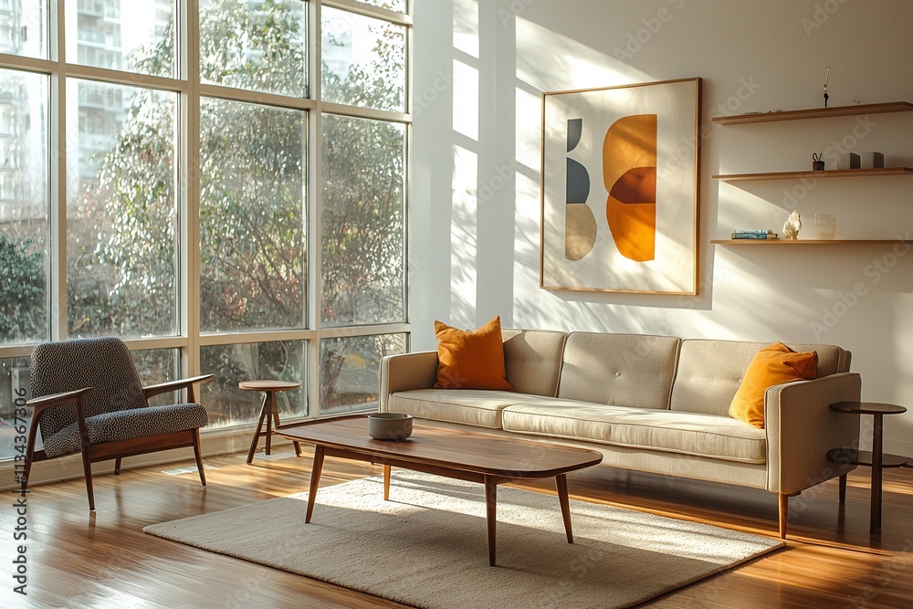 Fototapeta premium Modern minimalist interiors in residential living rooms with large windows visible and wood tables and sofas. Generative AI 