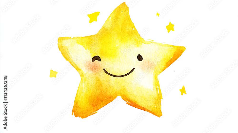 Fototapeta premium Cute smiling yellow star with cheerful expression and surrounding sparkles