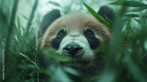 A serene panda nestles amongst dense bamboo foliage, capturing the peaceful essence and splendor of wildlife in its natural habitat, with a wistful gaze. photo