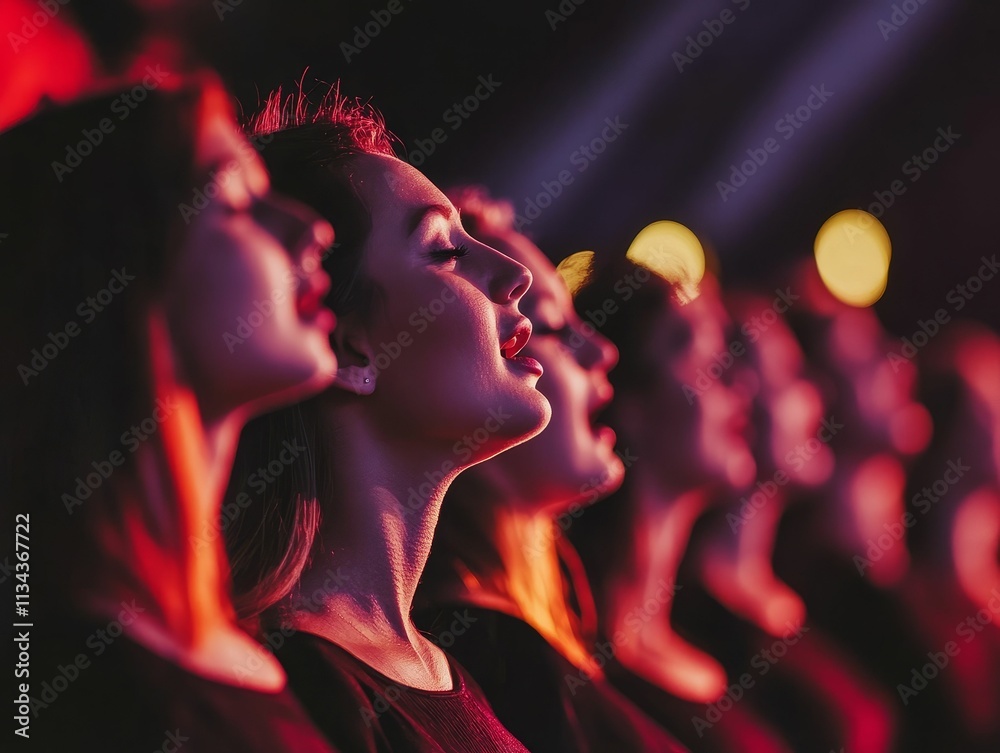 Women's choir singing, red lighting, intense emotion. Women's choir singing, red lighting, intense emotion.