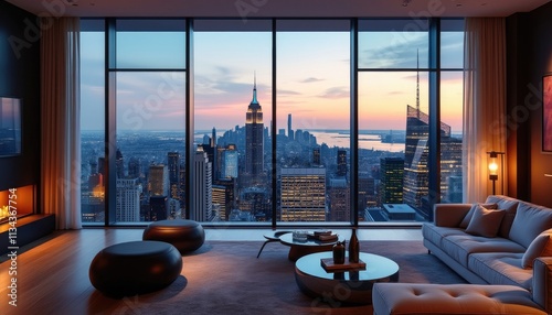 A luxurious living room with floor-to-ceiling windows offering a panoramic view of the New York City skyline at sunset.
