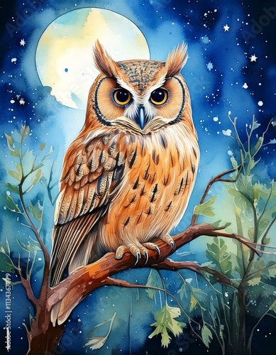 Majestic watercolor owl perched on a branch under a moonlit sky photo