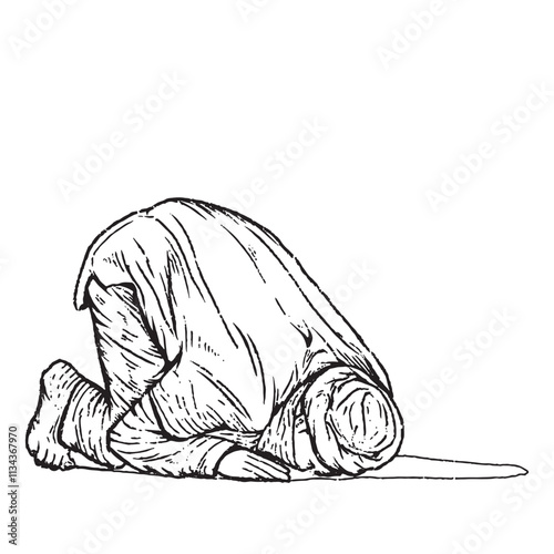 Hand drawn illustration of a muslim praying in prostration.