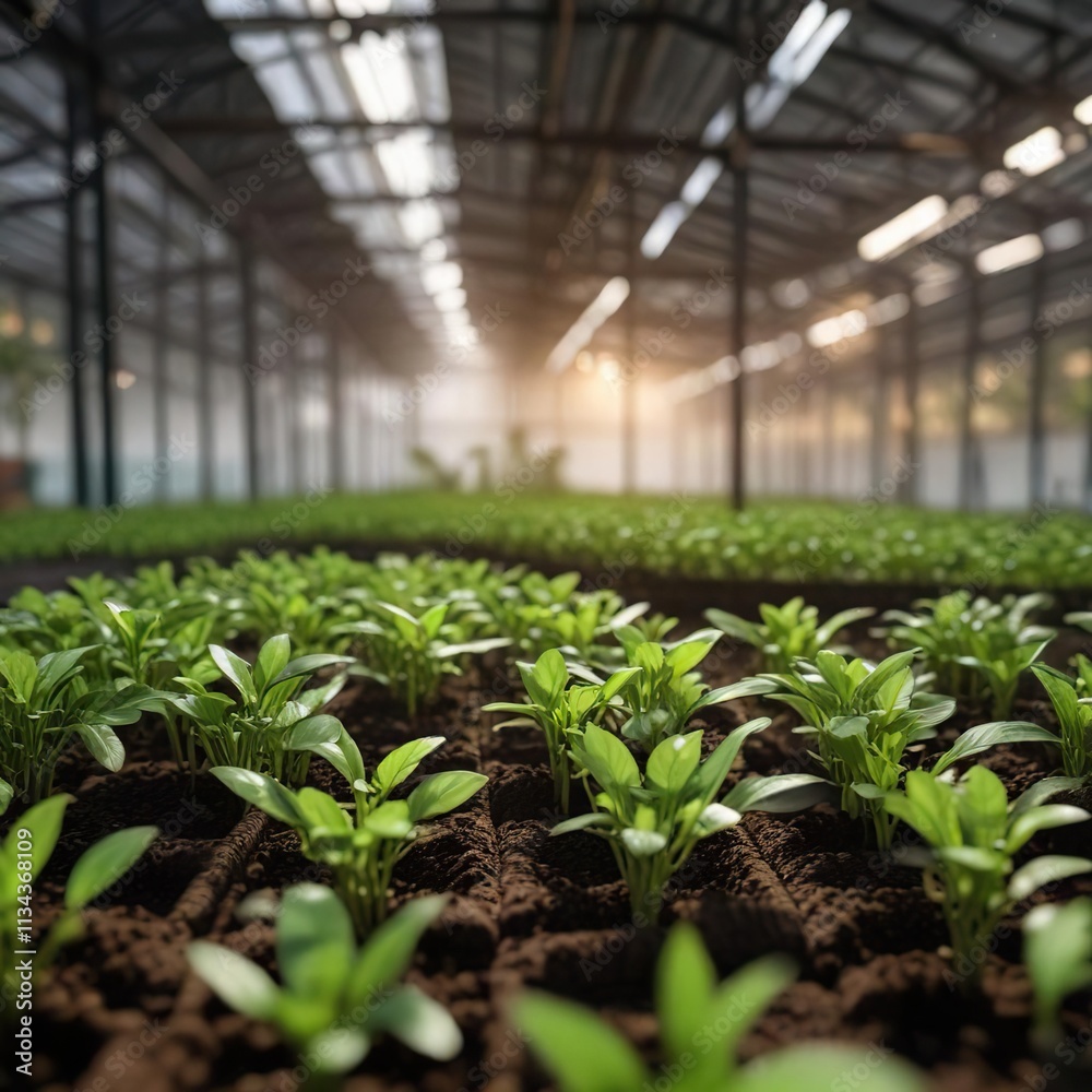 vibrant green seedlings thriving in a warm greenhouse environment, farm equipment, warm greenhouse conditions vibrant green seedlings thriving in a warm greenhouse environment, farm equipment, warm greenhouse conditions