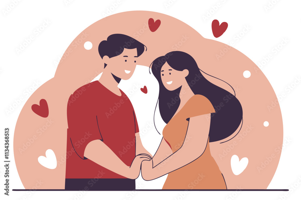 Illustration, funny people in love holding hands, romance, happy Valentine's day