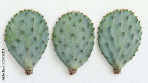 Three pale green prickly pear cactus pads arranged horizontally on a white background. photo