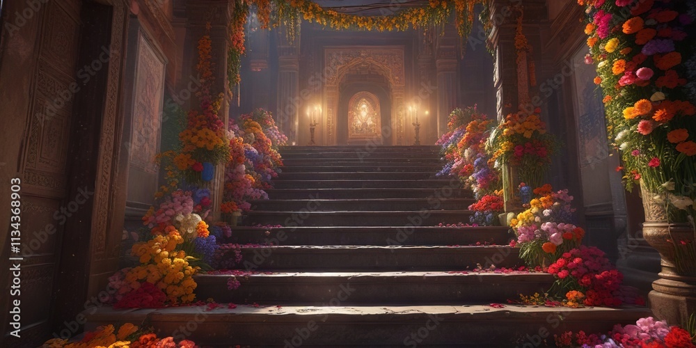 Obraz premium Garlands of fresh flowers cascade down the staircase leading to a mystical Indian shrine, peaceful ambiance, flowers, sacred spaces