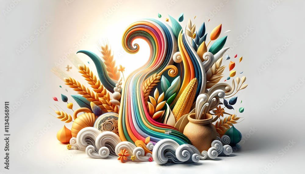 Obraz premium 3D Soft Abstract Pongal Harvest concept as Soft abstract depiction of Pongal harvest with flowing colors and symbolic elements conveying the joy and abundance of the festival for magazine advertisemen
