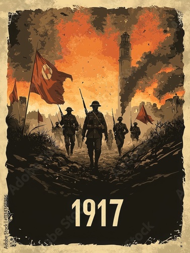 Naklejka Soldiers equipped with rifles advance through a war-torn landscape. Dark smoke billows from buildings as flames illuminate the sky, creating a dramatic atmosphere of conflict in 1917.