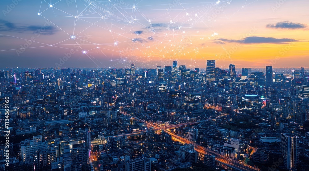 Obraz premium Connected city skyline at sunset, showcasing network connections.
